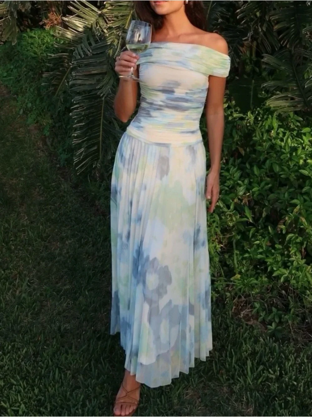 Abercrombie Giselle mesh drop waist Off-Shoulder Watercolor Maxi Dress NWT MP
